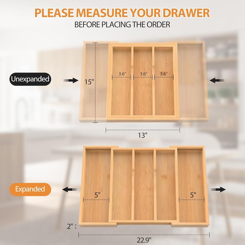 FoverOne Bamboo Expandable Kitchen Drawer Organizer, 13" to 23" Adjustable Utensils and Cutlery Tray, Wood Drawer Organizer for Silverware Flatware - Image 2